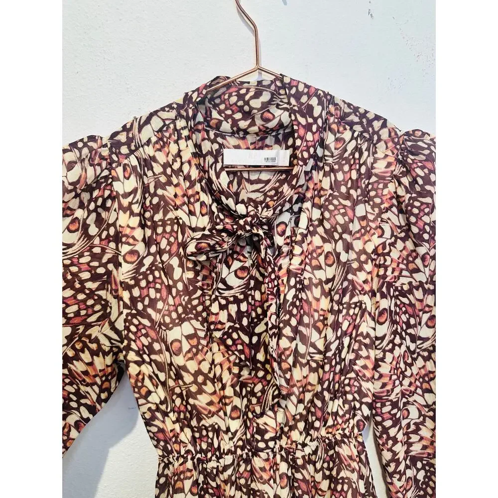 RACHEL PARCELL Animal Print Tie Neck Puff Sleeve Butterfly Mini Dress Size XS